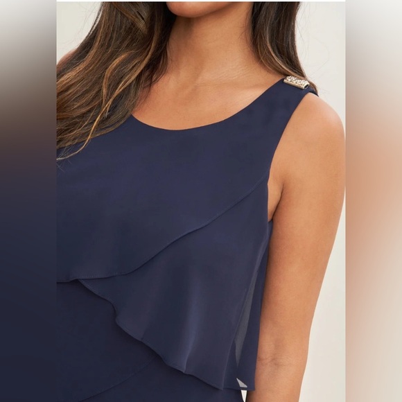 SIGNATURE TESSA Sleeveless Layered Cocktail Dress Size 14W Navy Rhinestone Party - Picture 14 of 14